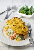 Fish pie with prawns and a mashed potato topping