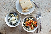 Penne pasta with Parmesan cheese, and penne paste with vegetable sauce and Parmesan cheese (Italy)