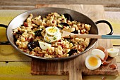 Arroz a la tarragona (rice with prawns, mussels and egg, Spain)