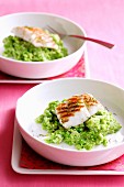 Grilled fish fillet on a mushy peas and celery