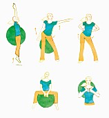 Illustration von junger Frau bei 5 verschiedenen Gymnastikübungen