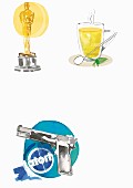 Illustrationen: Oscar-Trophäe, ein Glas Tee, 'Tatort'-Logo mit Pistole