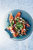 Salmon ceviche with avocado and sesame seeds