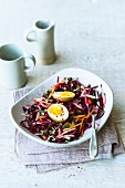 Red cabbage and radish coleslaw with soya 'eggs'