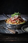 Linguine and meatballs with marinara sauce and grated cheese