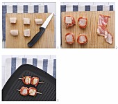 Grilled fish canapés wrapped in bacon being made