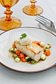 Halibut with cauliflower purée and vegetables