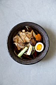 Soba noodle soup with chicken, a soft-boiled egg and spring onions (Japan)