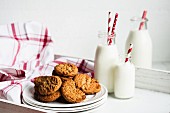 Oatmeal cookies and bottles of milk on a white wooden tray
