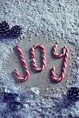 The word 'Joy' written in candy canes