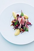Smoked duck breast on a red cabbage salad with apple cream