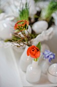 weiße Osterdekoration mit roten Blüten auf weißem Tisch