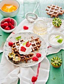 Waffles with fruit and cream