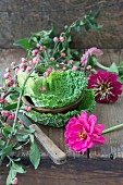 Line a wooden bowl with Savoy cabbage leaves and decorate with zinnias and spindle seed pods