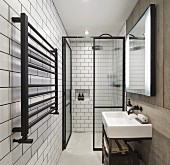 Narrow, purist bathroom with floor-level shower