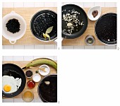Black beans with rice, fried egg and banana being made