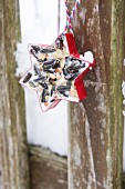 Red star-shaped pastry cutter filled with bird cake hanging from wooden fence