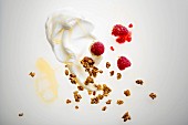 Müslizutaten: Joghurt, Himbeeren, Granola und Honig (Aufsicht)