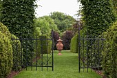 Wrought iron gate between tall, clipped box hedges and well-tended lawn path leading to amphora