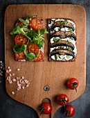Wholemeal open sandwiches topped with soya quark and various vegetables