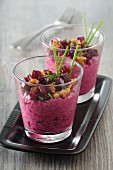Beetroot verrines with cream cheese and nuts