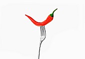 A chilli pepper on a fork against a white background