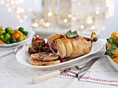 Stuffed roast turkey with sides for Christmas