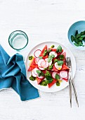 Watermelon salad with radishes, pesto and peppermint
