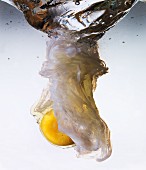 A raw egg falling into water for poaching