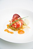 Poached lobster with avocado puree and gazpacho tartare