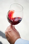 A hand holding a glass of red wine