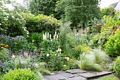 Sommerlicher Garten mit blühenden Stauden und Federgras an Steinplattenweg