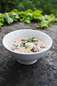 Salon mushroom soup with diced potatoes and sour cream at the romantic hotel 'Jagdhaus Waldidyll' im Hartenstein
