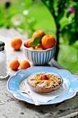 Apricot tartlet with raspberries on a summer table outside