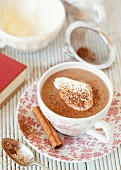 A cup of cinnamon hot chocolate made with almond milk and topped with cream