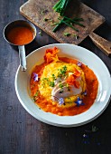 Poached chicken breast on turnip purée with pepper sauce (paleo)