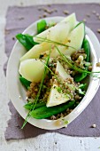 Melon and mange tout salad with buckwheat