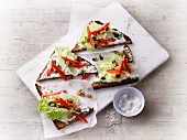 Protein bread with herb quark, aubergine and peppers