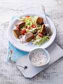 Lupine fillet kebab with pointed cabbage and garlic yoghurt