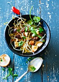 Oriental soup with shiitake mushrooms, beansprouts and coriander