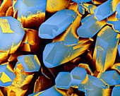 False-colour SEM of crystals of Vitamin C