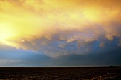 Sunlit storm clouds over fields