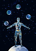 Cosmic man juggling worlds,artwork