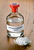 Sodium hydroxide bottle and pellets