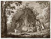 Fuegans in their hut,18th century