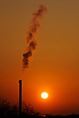 Smoking chimney at sunset