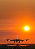 Aeroplane landing at sunset