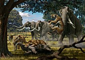 Mammoths and sabre-tooth cats,artwork
