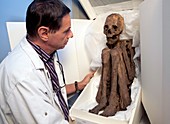 Museum curator and Amerindian mummy