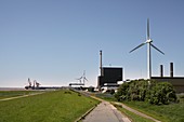 Nuclear power plant and wind turbines